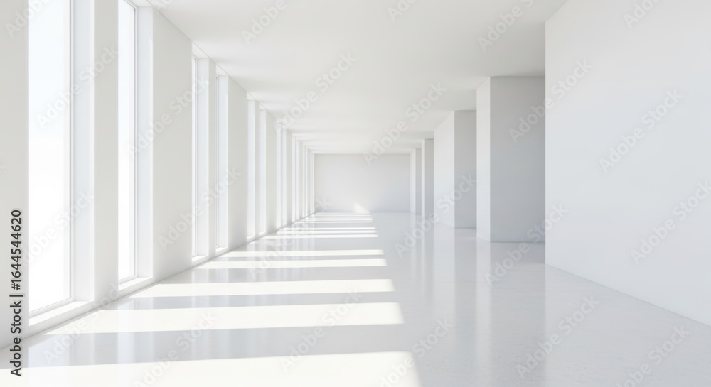 Fototapeta premium Long bright empty white corridor with large windows and shining light reflections