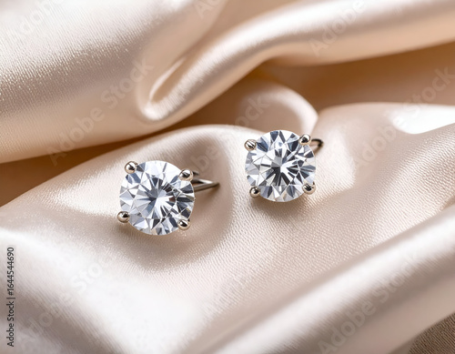 An elegant blank mock up featuring a pair of classic diamond stud earrings resting on luxurious folded satin cloth.