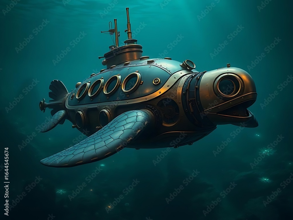 Obraz premium A steampunk submarine in the shape of a sea creature glides through deep, blue ocean water.