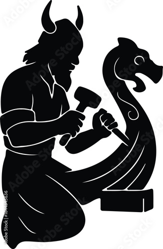 Illustrator Viking shipbuilder sculpting wood drakkar with hammer Silhouette vector