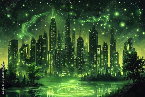 Green glowing city at night