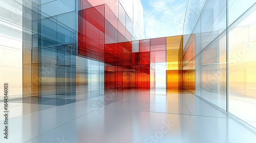 Abstract architectural composition with blurred glass blocks in red yellow and blue.