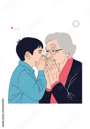 A young boy whispers a secret into his grandmother's ear sharing a special moment of trust and connection between generations