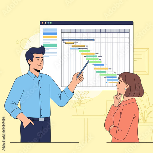 A male project manager in a blue shirt presenting a colorful Gantt chart to a thoughtful female colleague.