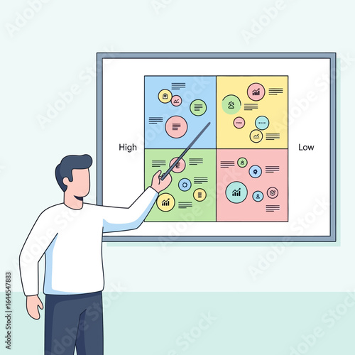 Faceless businessman presenting a colorful four-quadrant business strategy matrix with a pointer stick.