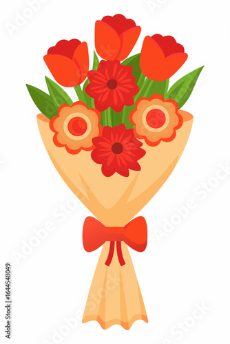 Vibrant bouquet of red tulips and flowers tied with a bow, perfect for celebrating love, birthdays, or expressing gratitude, bringing joy and warmth to any occasion, originally a vector graphic