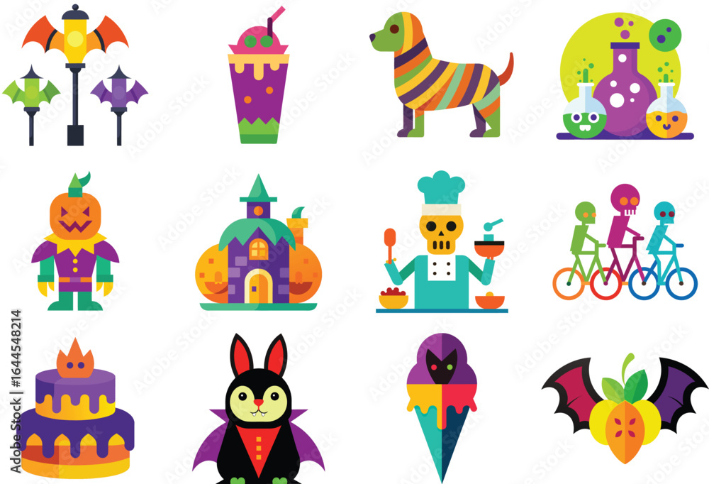 Naklejka premium Colorful Halloween Vector Icons Set with Spooky and Fun Characters