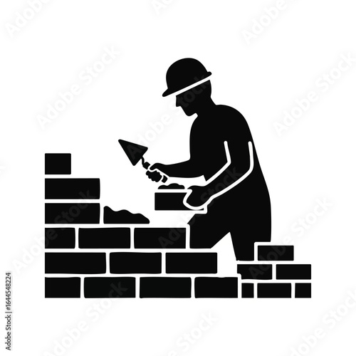 A black silhouette icon of a skilled bricklayer constructing a sturdy wall with bricks and mortar, symbolizing construction work and building industry.