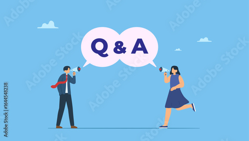 Businessman and businesswoman shouting on megaphone as Q and A on speech bubble. QA, question and answer session, FAQ or frequently asked questions, information to solve problem.