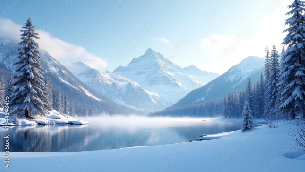 Fototapeta premium Serene Winter Mountain Landscape with a Frozen Lake and Snow-Covered Trees
