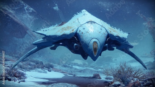 Futuristic alien spaceship in icy landscape