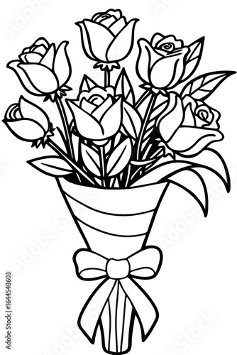 Elegant bouquet of roses with a charming bow detail, perfect for adding a touch of romance to greeting cards, invitations, or any design needing a floral flourish, a timeless symbol of love