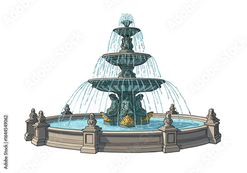 Ornate Three-Tiered Fountain with Statues and Cascading Water.
