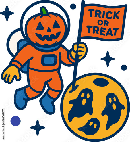 Pumpkin Astronaut on a Haunted Moon ,Floating in space, ghost-shaped craters, holding a Trick or Treat flag.