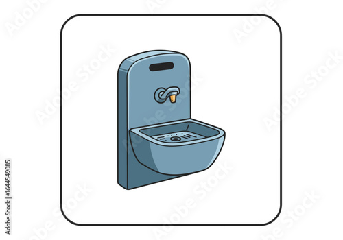 Cartoon Style Blue Water Fountain with Metal Faucet and Basin.