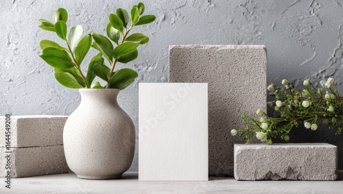Blank card mockup, grey studio, plants, concrete blocks