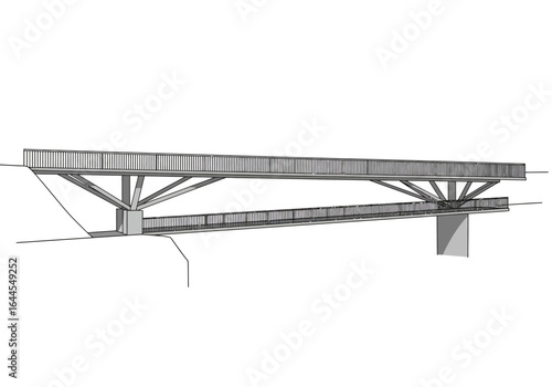 Two-Level Pedestrian Bridge with Railings and Concrete Supports.