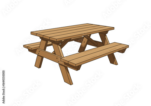 Wooden Picnic Table with Attached Benches for Outdoor Seating and Dining.
