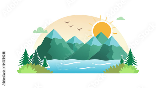 Vector landscape illustration of mountain range lake and trees scenic nature background for graphic design element