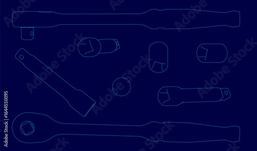 Blueprint of various wrenches with detailed contours and ratchet designs on a solid blue background. Each tool has a distinct shape and size, highlighted by the stark contrast against the white.