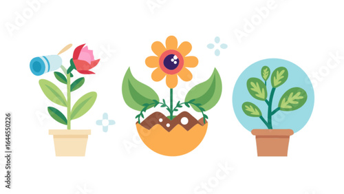 Illustration of potted plants flowers and leaves for gardening flower shop and floral design concepts usage