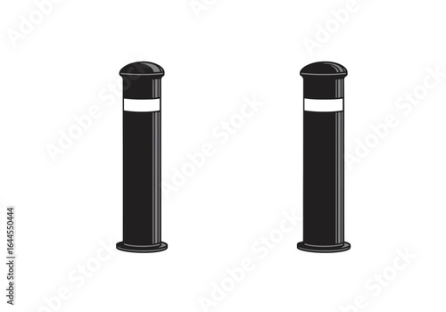 Two Black Bollards with White Reflective Stripes for Road Safety.