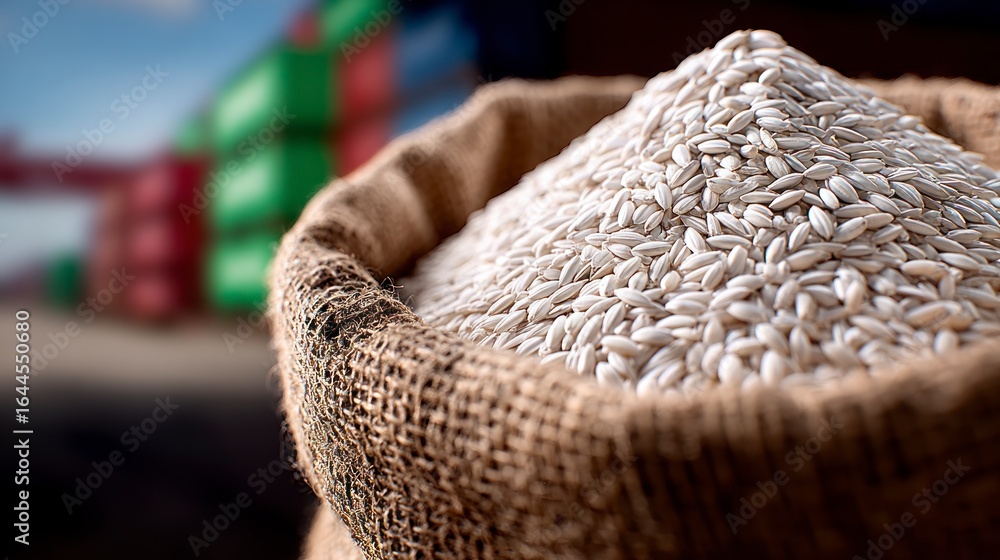 Obraz premium Sacks of grain filled with abundant white rice coarse burlap texture food