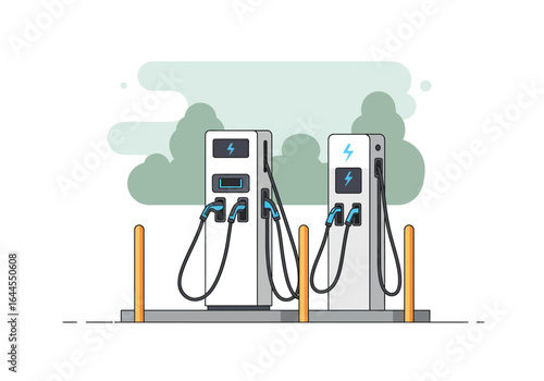 Electric Vehicle Charging Stations with Plugs and Cables Illustration.