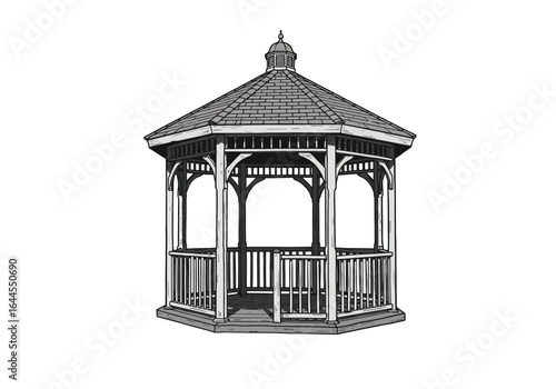 Detailed Illustration of a Classic Wooden Gazebo Structure.