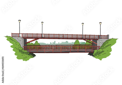 Two-Level Red Wooden Bridge with Streetlights and Cityscape View.
