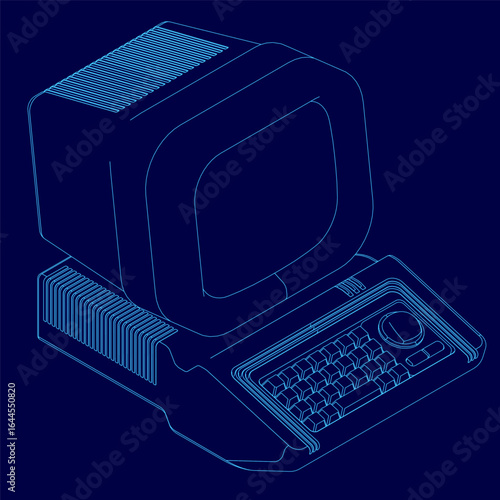 Retro computer with a black screen and keyboard placed on a vibrant blue background. The classic monitor features side buttons and slightly overshadows the keyboard.