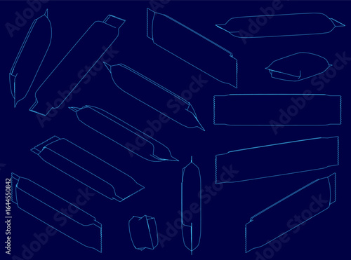 Stylish paper snack bags arranged in a neat grid on a vibrant blue background, each with unique contours and designs. The bags vary in shape and size, featuring light to dark blue hues with simple.