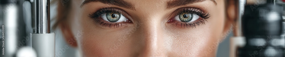 Obraz premium Young woman sitting at eye examination machine in ophthalmologist office, realistic detail, clean medical setting, natural expression.
