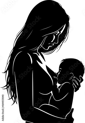 Mother Breastfeeding Baby Silhouette | Black and White Illustration of Child Nursing for Parenthood, Lactation and Newborn Care Marketing