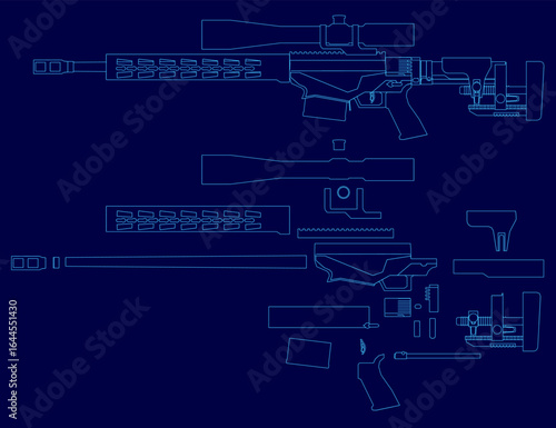 Detailed blueprint of an rifle with labeled parts and numbered components on a blue background. The technical drawing highlights the sniper rifle's contour and mechanical structure.