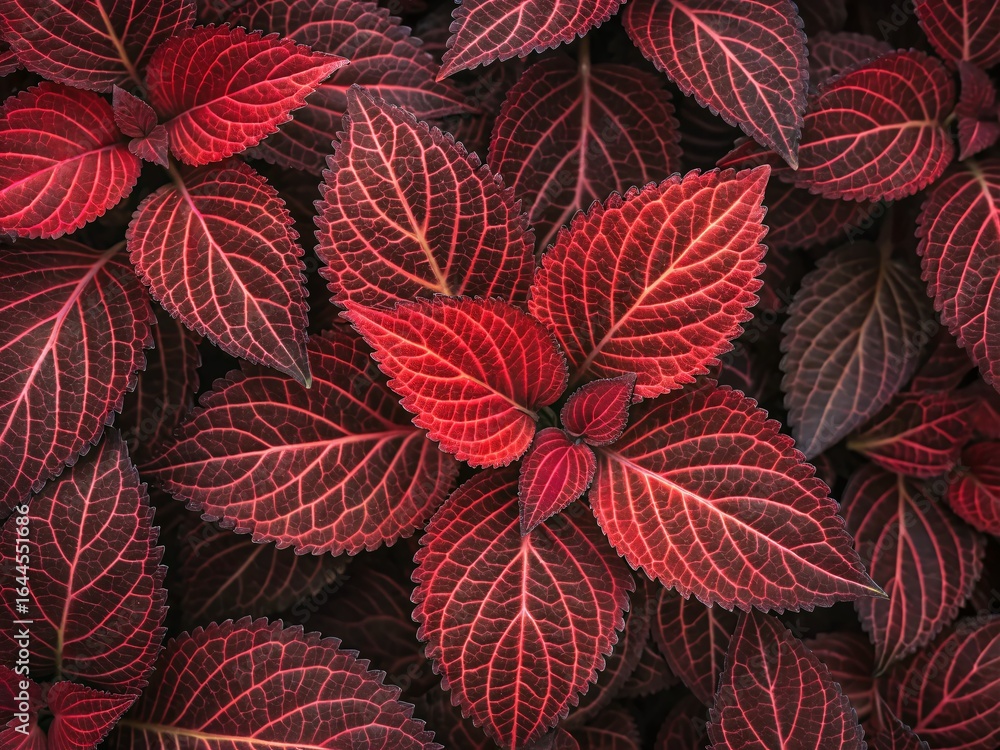 Fototapeta premium Stunning top-down view of vibrant red coleus plant leaves, creating a rich, textured, natural pattern background.