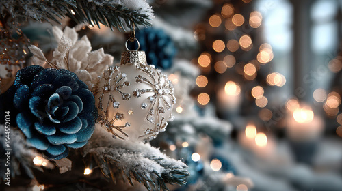 Beautifully decorated Christmas tree with snowflake ornament and blue pinecones creates festive atmosphere