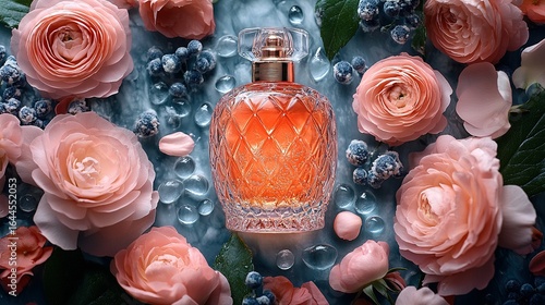 Perfume bottle surrounded by pink roses and small blue decorative objects.