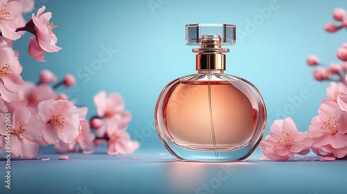 Perfume bottle surrounded by pink flowers against a light blue background.