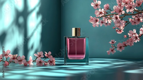 Perfume bottle with pink liquid and flowers against a teal background with shadows.