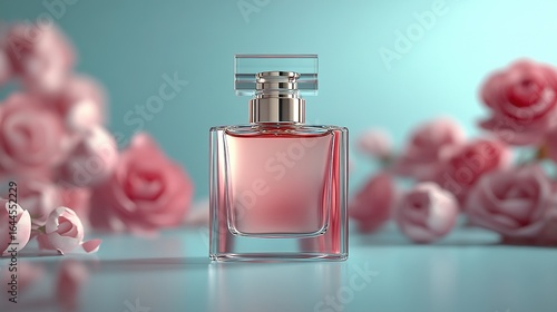 Perfume bottle with pink liquid surrounded by pink roses on a light blue background.