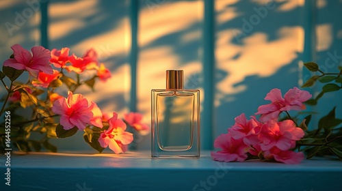 Perfume bottle sits on a ledge flanked by pink flowers with window shadows.