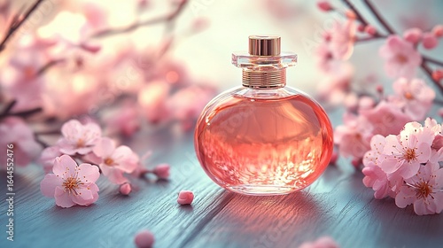 Perfume bottle surrounded by pink flowers on a wooden surface.
