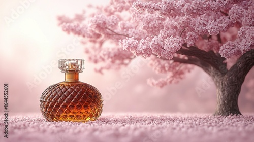 Decorative bottle with amber liquid stands before a blooming pink tree.