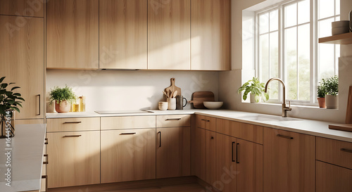 Modern Kitchen with Light Wood Cabinets and White Countertops.