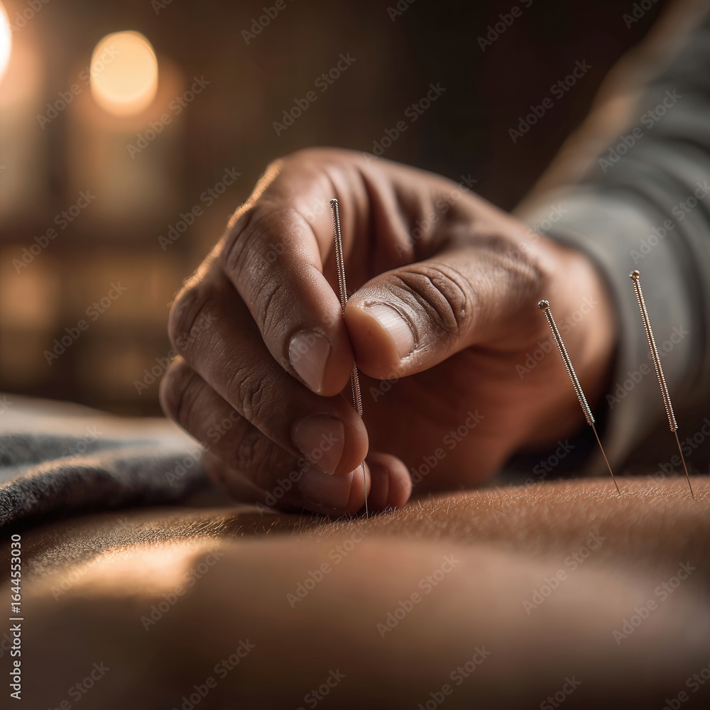 Fototapeta premium Close-up of acupuncture needle being gently placed in patient’s back during calm therapy session with soft warm light.