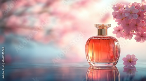 Perfume bottle on reflective surface with pink blossoms in soft focus background.