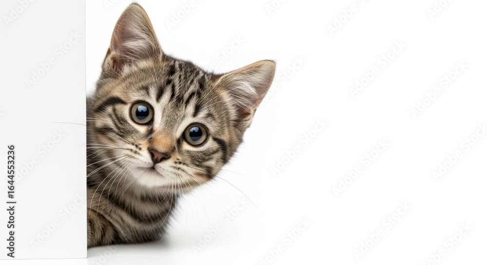 Fototapeta premium Adorable kitten peeking around white border image studio shot for commercial use