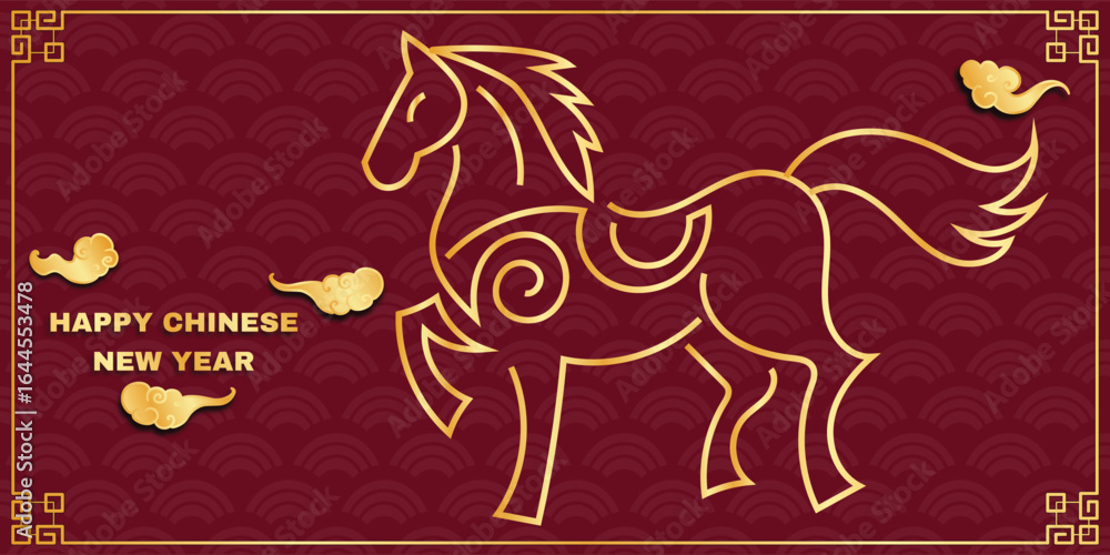 Fototapeta premium Chinese New Year 2026, the year of the Horse, red and gold line art characters, simple hand-drawn Asian elements with craft (Chinese translation: Happy Chinese New Year 2026, year of the Horse)