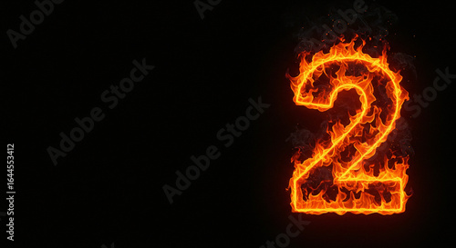 ''Fiery Number Two Illuminated in Vibrant Orange Flames Against a Dark Background, Creating a Dramatic and Intense Visual Effect''